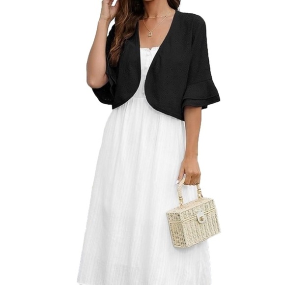 NWT Black 3/4 Ruffle Sleeve Cropped Open Bolero Cardigan - Picture 2 of 13